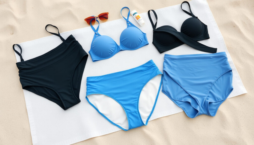Naisten bikinialaosia shortsityylillä ja lantiolla istuvia malleja aseteltuna ranta-atmosfääriin hiekalle aurinkovoidetta ja aurinkolasia viereen.