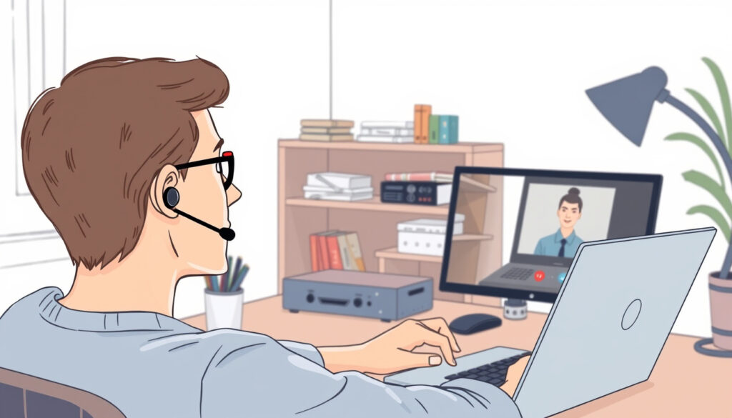 Henkilö istuu pöytätietokoneen ääressä videopuhelussa ja puhuu korvansisäisiin langattomiin kuulokkeisiin, joissa on mikrofoni.