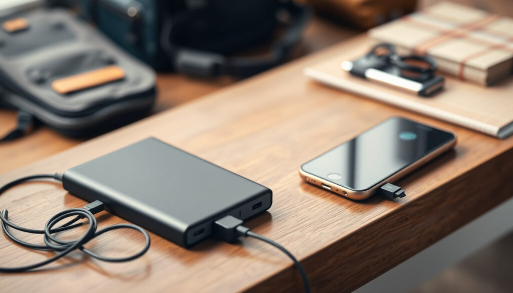 Pöydälle asetettu musta powerbank, johon on kytketty kaapelilla ladattava puhelin matkavarusteiden vieressä.