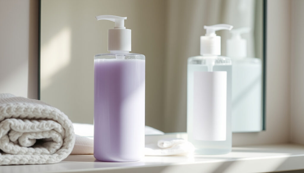 Kylpyhuoneen kaapissa seisovat kaksi shampoo-pulloa, toisen nesteen sävy vihjaa violettiin sävytyspigmenttiin, vieressä märkä pesukäsine